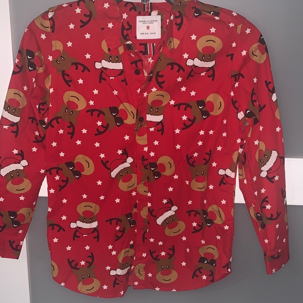 Denim & Flower Red Reindeer Kids Button Down Shirt
